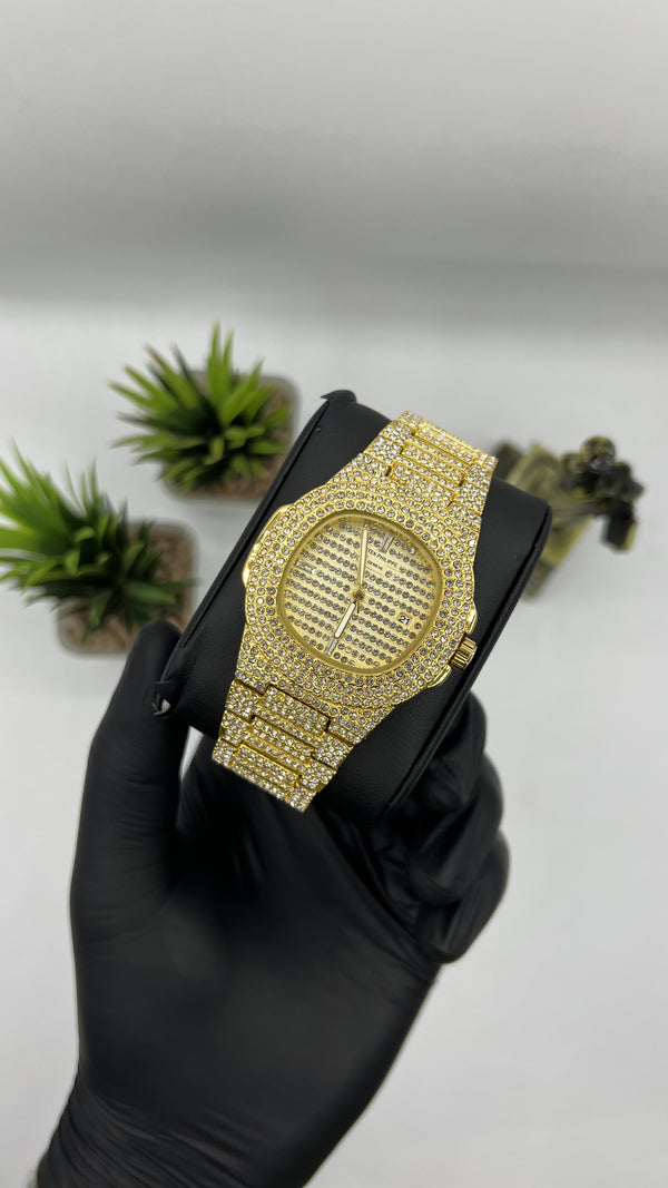 Iced Out Gold Patek-Style Watch – Fully Flooded with Stones | Luxury Bling Timepiece